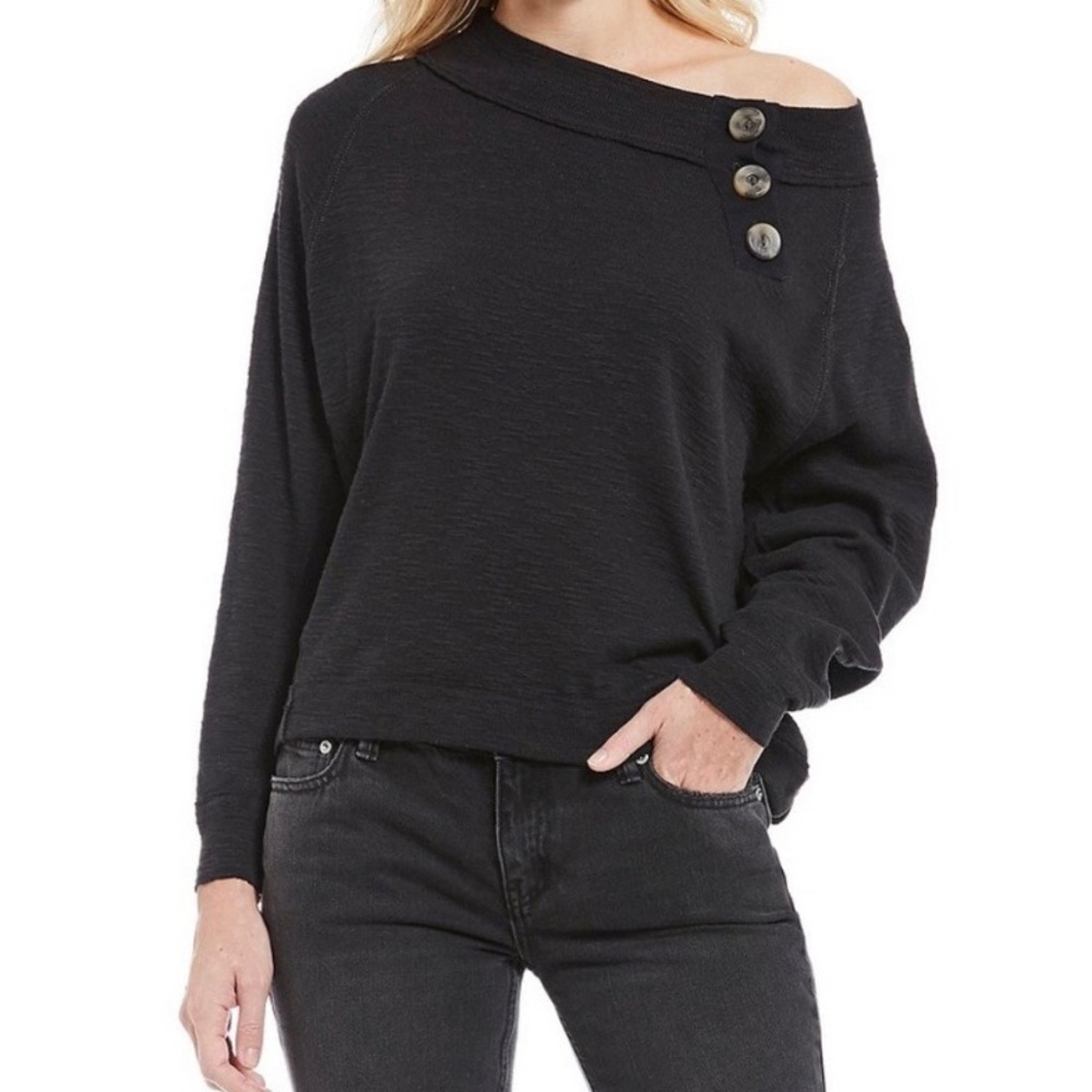 Free People Tunic Shirt XS Dont Forget Me Knit Button Off Shoulder Top Black